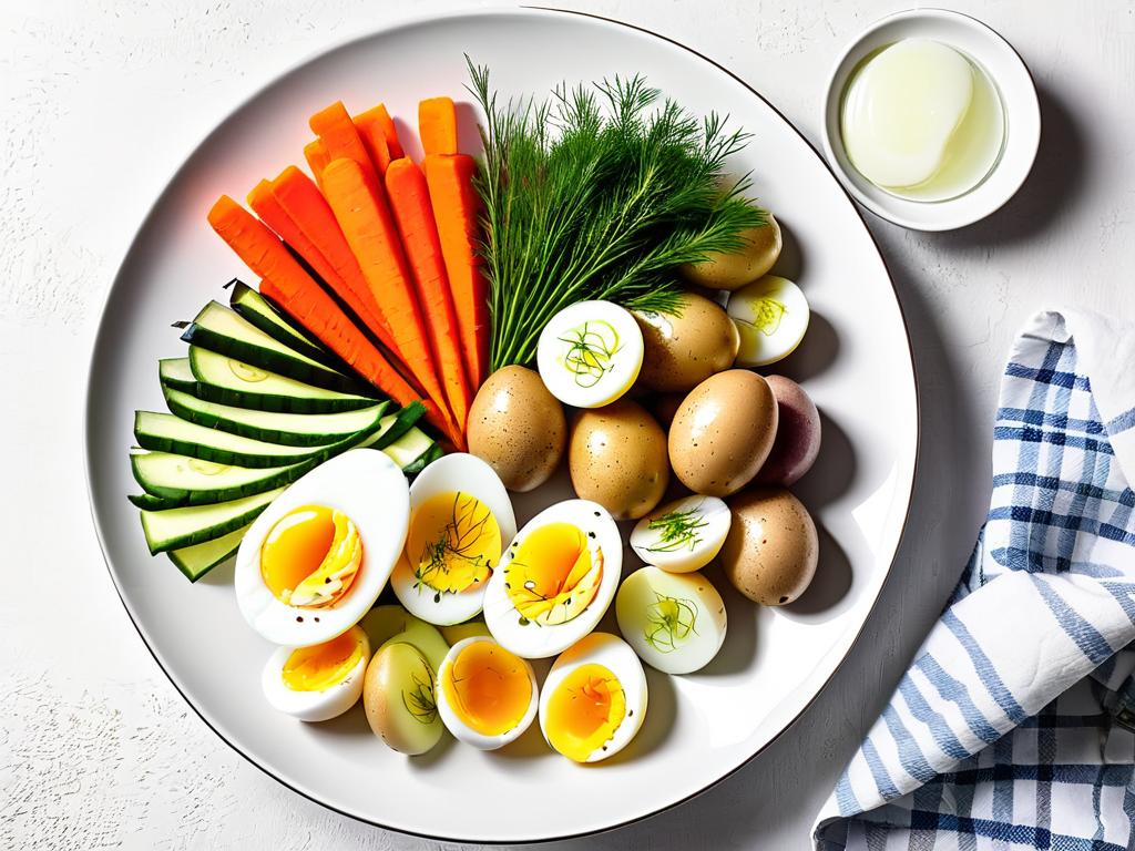 Набор овощей для салата с селедкой. Морковь, отварной картофель, яйца, соленые огурцы, лук и укроп