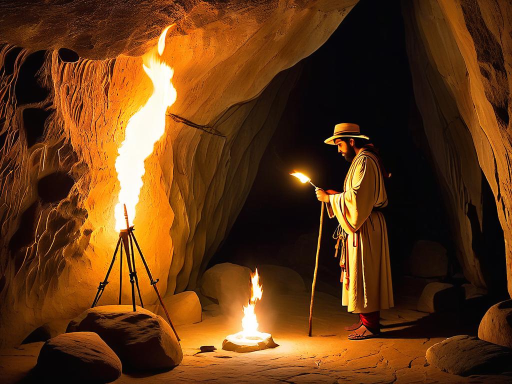 Человек в древней одежде рисует картинные загадки на стене пещеры факелами