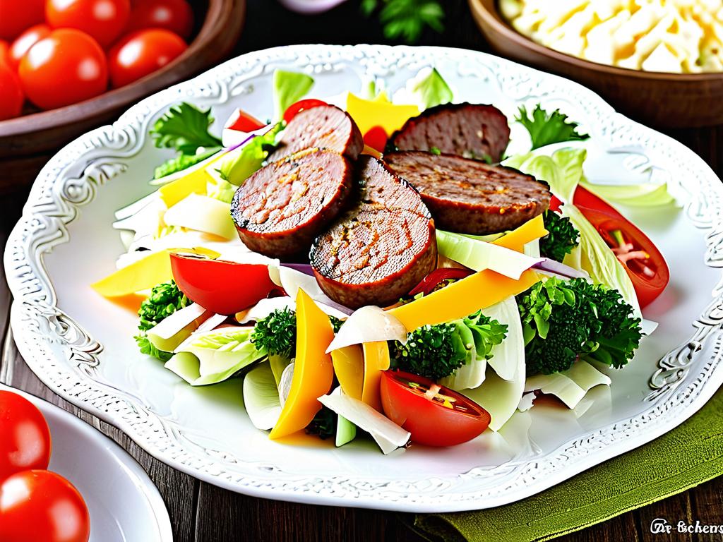 Салат из пекинской капусты с колбасой, сыром и овощами