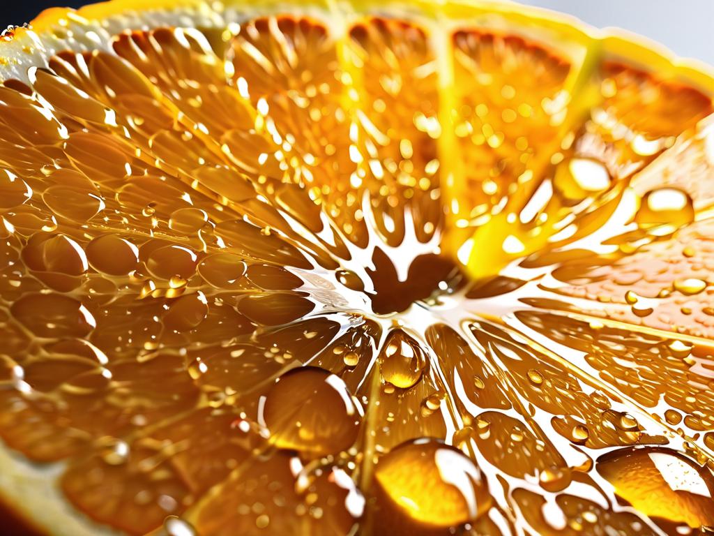 Макросъемка ломтика апельсина с каплями сока на нем