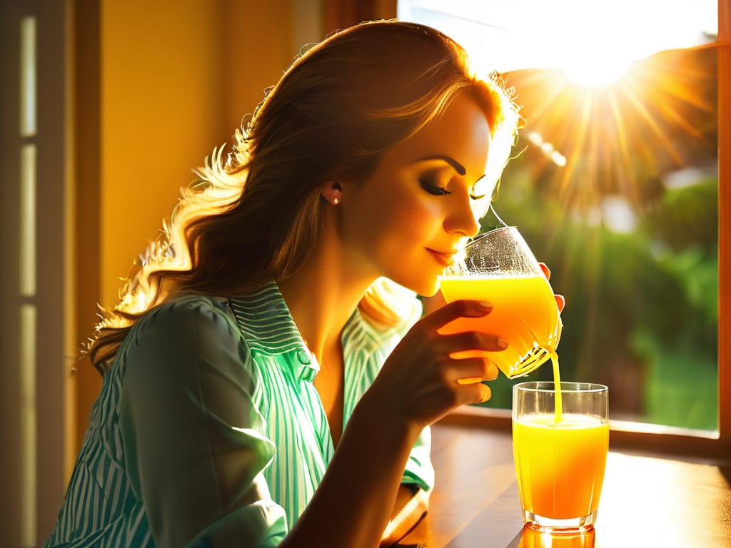 Женщина пьет стакан свежевыжатого апельсинового сока, солнечный свет падает в окно