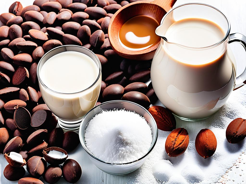 Изображение какао-бобов, молока, сахара и шоколада - ингредиентов для его производства