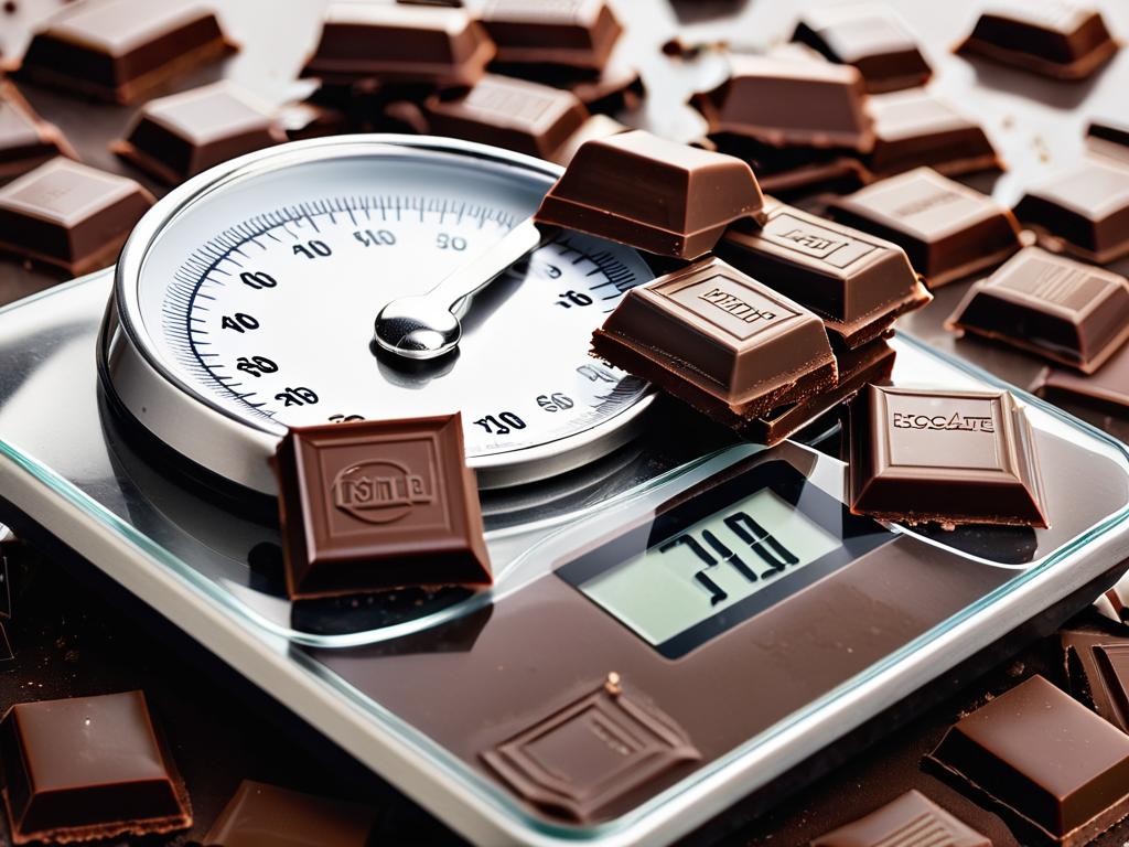 Крупным планом электронные весы, на которых взвешиваются кусочки шоколада - обозначает определение