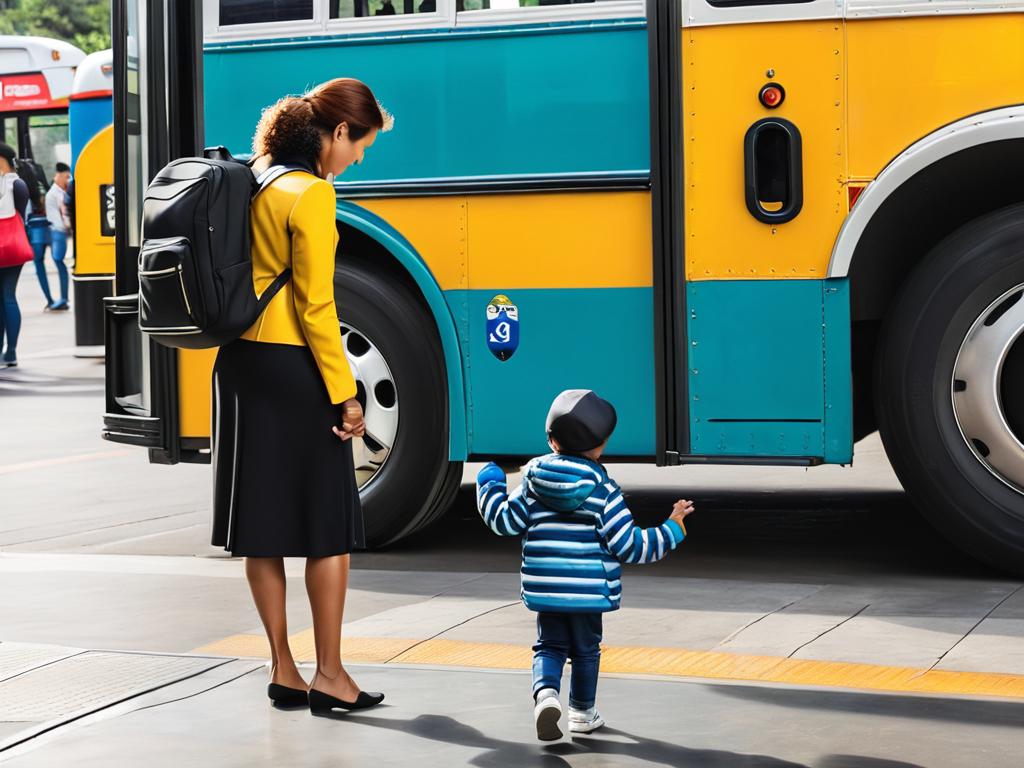 Мама держит ребенка за руку при посадке в общественный транспорт