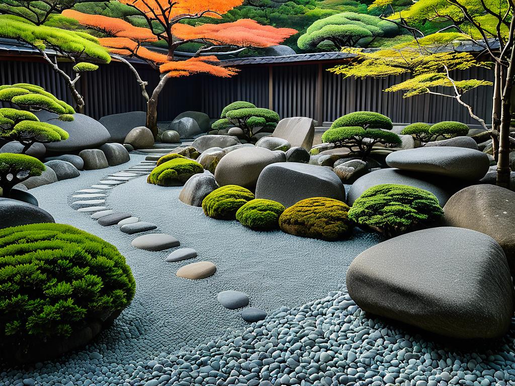Каменный сад Киото с аккуратно причесанной галькой и композицией из валунов