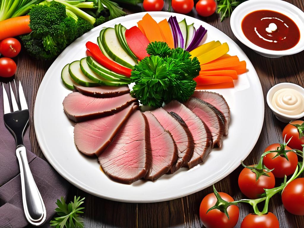 Нарезанный отварной говяжий язык на тарелке, украшенный овощами и соусом