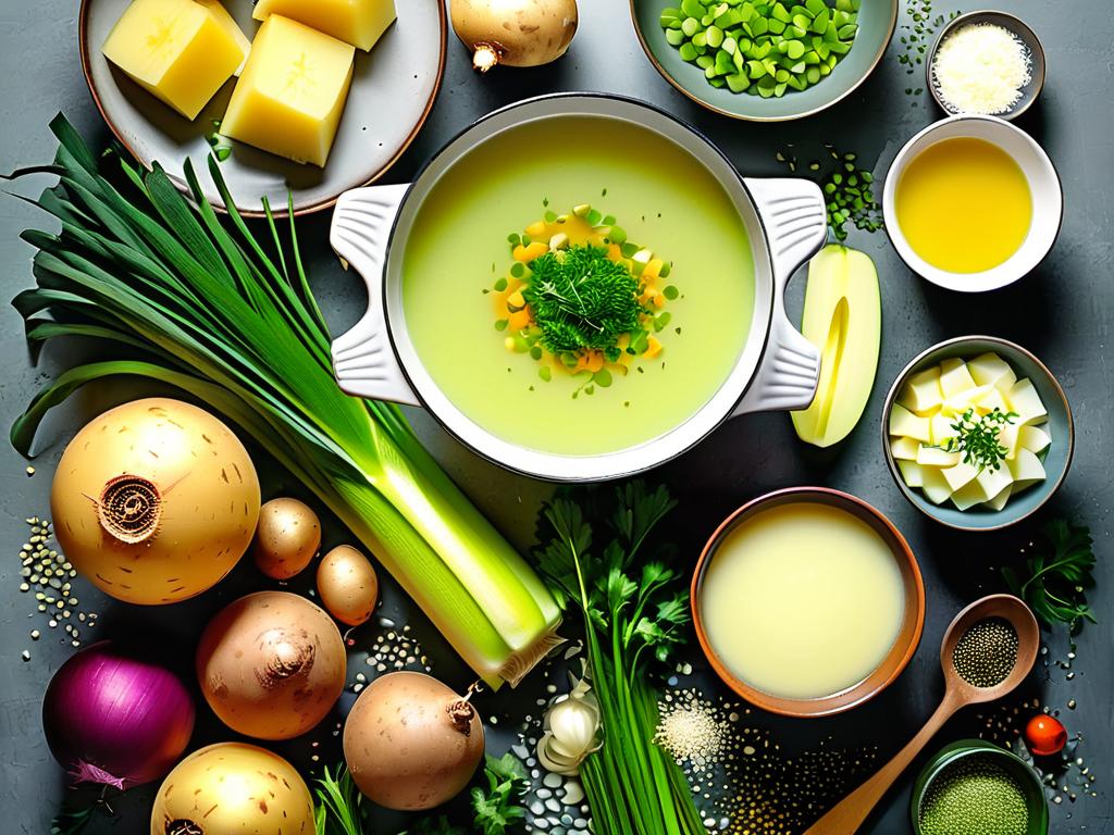 Ингредиенты для супа с луком-пореем: картофель, овощной бульон, лук-порей, сливки, специи.