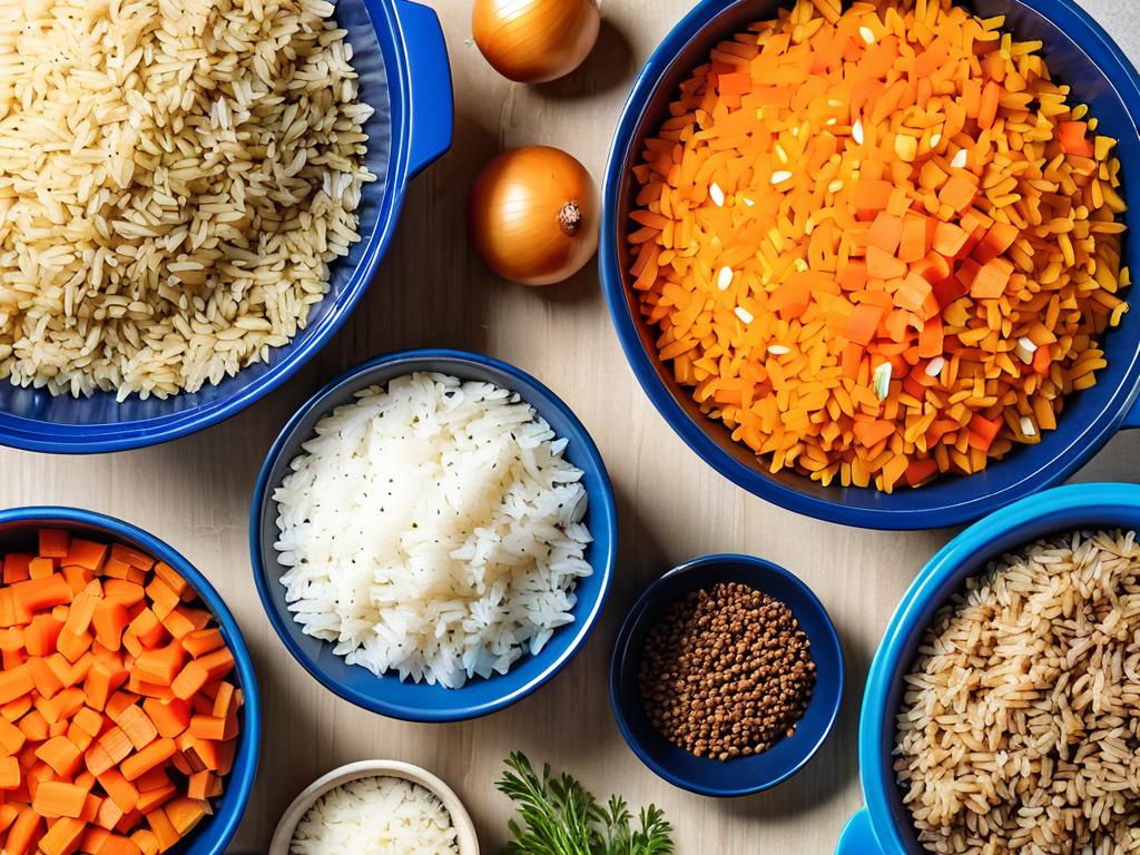 Подбор ингредиентов для риса с мясом в мультиварке: рис, морковь, лук, говядина, растительное