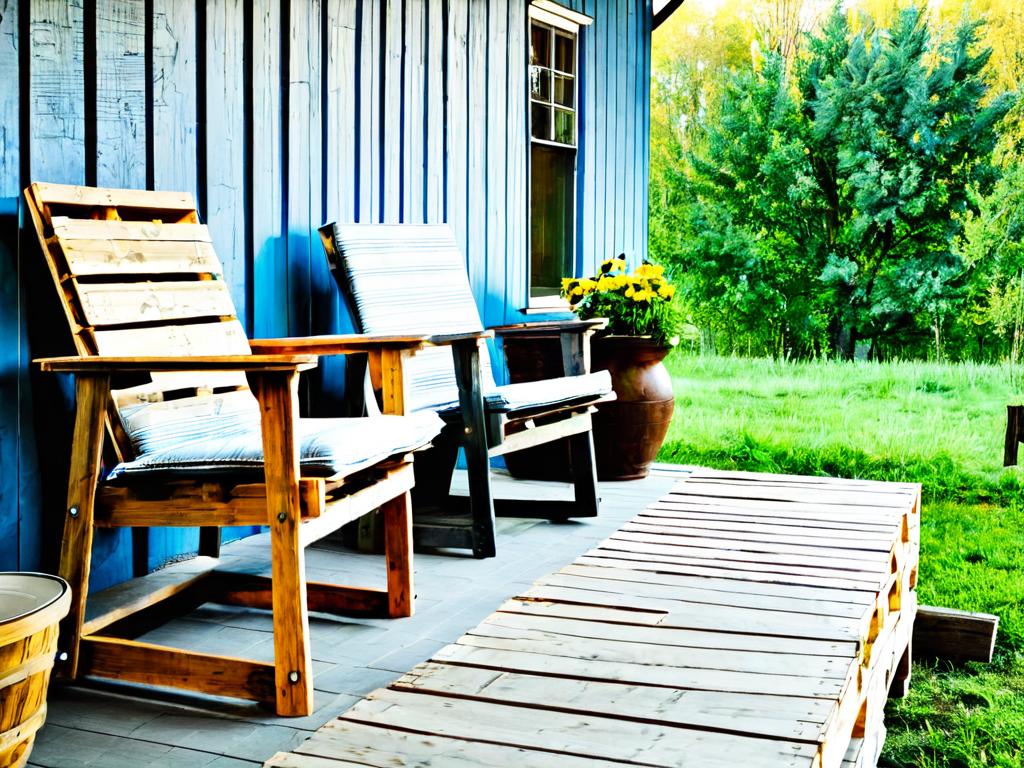 Простые деревянные стулья из паллет на веранде дачного домика