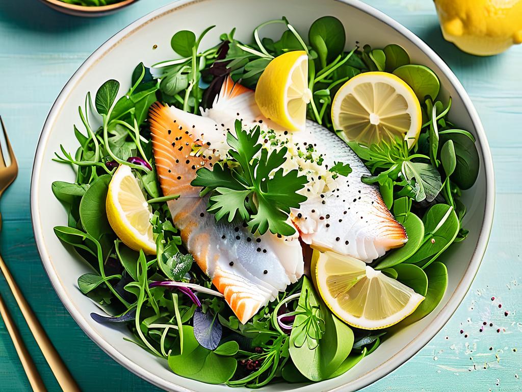Тарелка с рыбным салатом, украшенная зеленью и ломтиками лимона, вид сверху