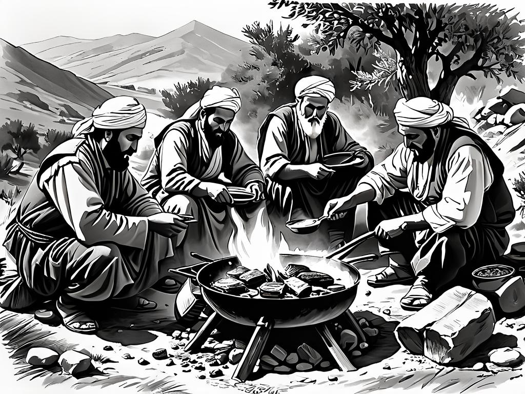 Рисунок древних турецких кочевников, готовящих еду на садже у костра