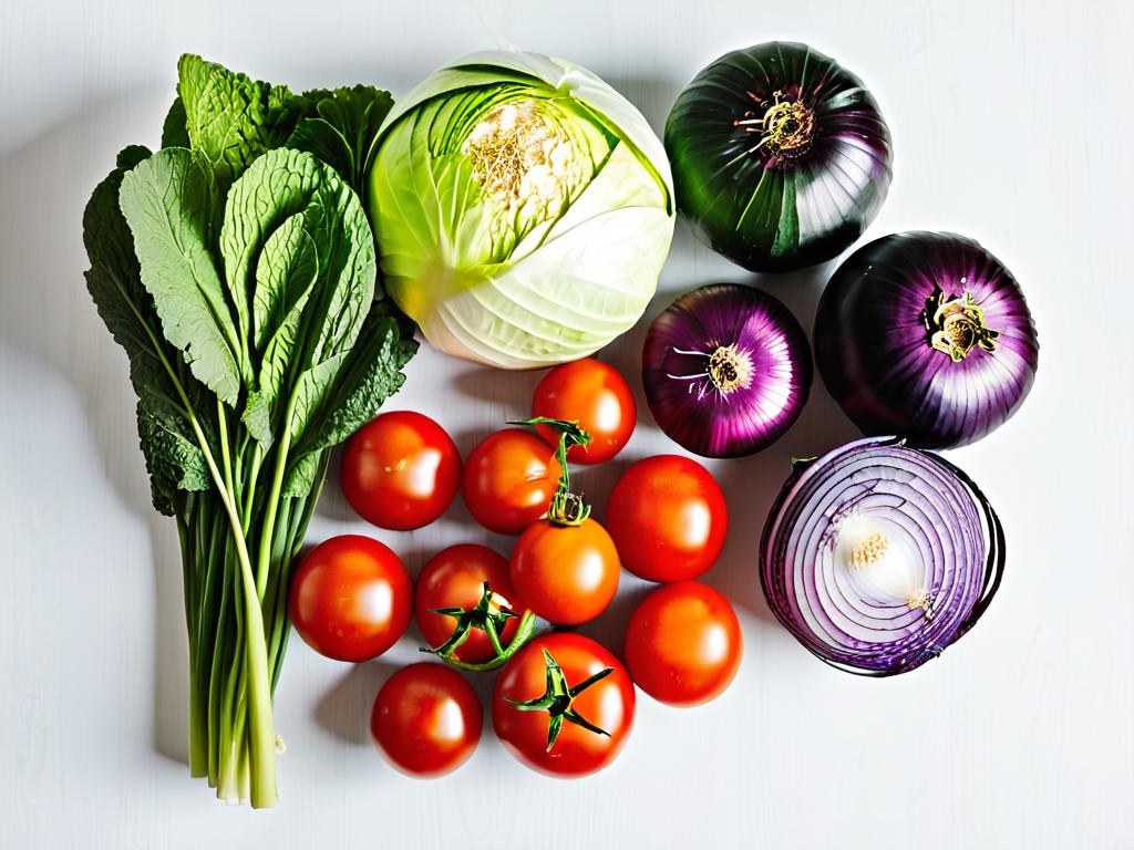Ассорти овощей - помидоры, огурцы, морковь, капуста, лук, чеснок