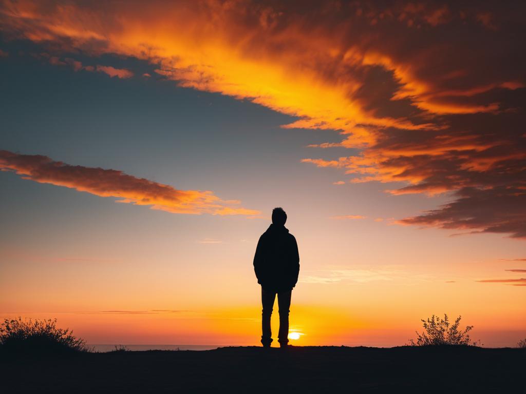 Силуэт одинокого человека, стоящего и смотрящего на закат, символизирует чувство одиночества после