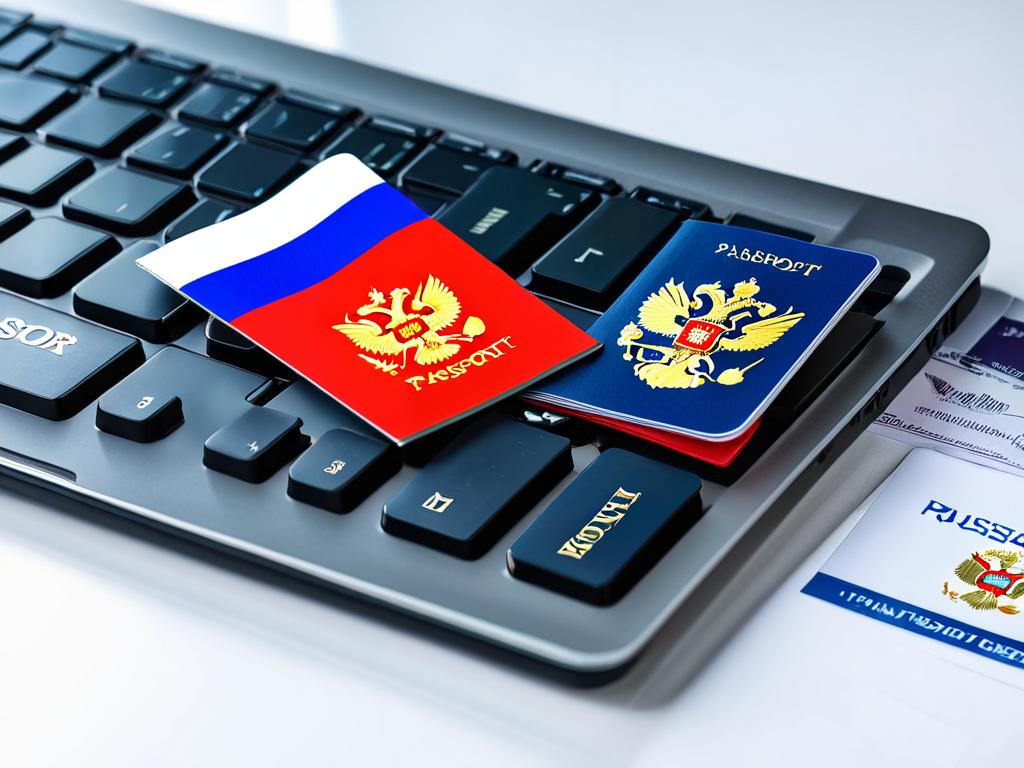 Российский паспорт и флаг на клавиатуре ноутбука
