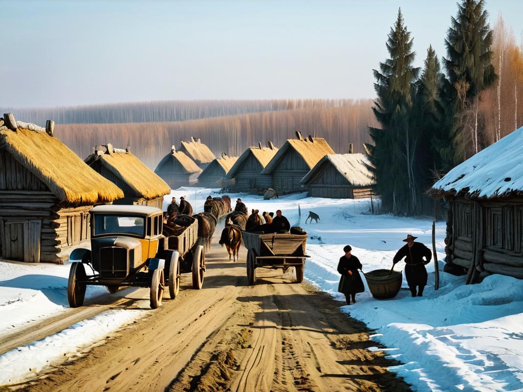 Старая русская деревня с трудолюбивыми крестьянами