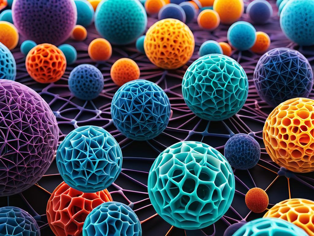 Разноцветные сферы, представляющие клетки и связи, абстрактная иллюстрация иммуномодулирующего