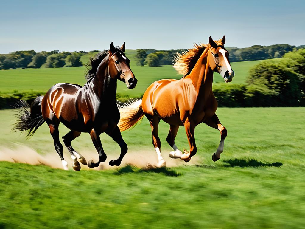 Две лошади, коричневая и черная, скачут вместе по большому травяному полю в солнечный день