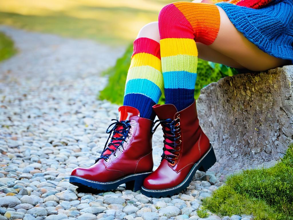 Ноги женщины в красочных вязаных носках и сапогах