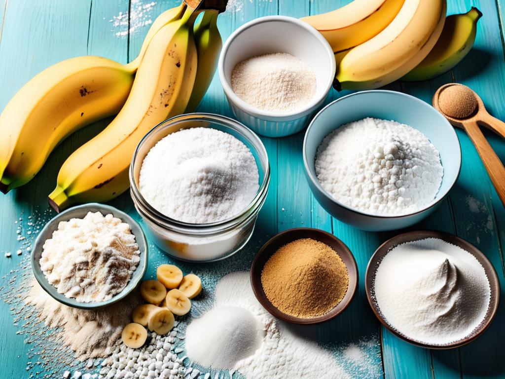 На столе лежат ингредиенты для бананового кекса: бананы, сахар, мука, сода, масло и ваниль