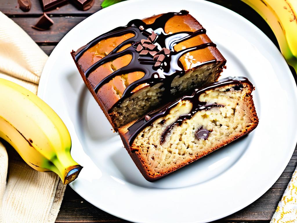 Кусочек бананового кекса на тарелке, украшенный ломтиками банана и шоколадной полоской
