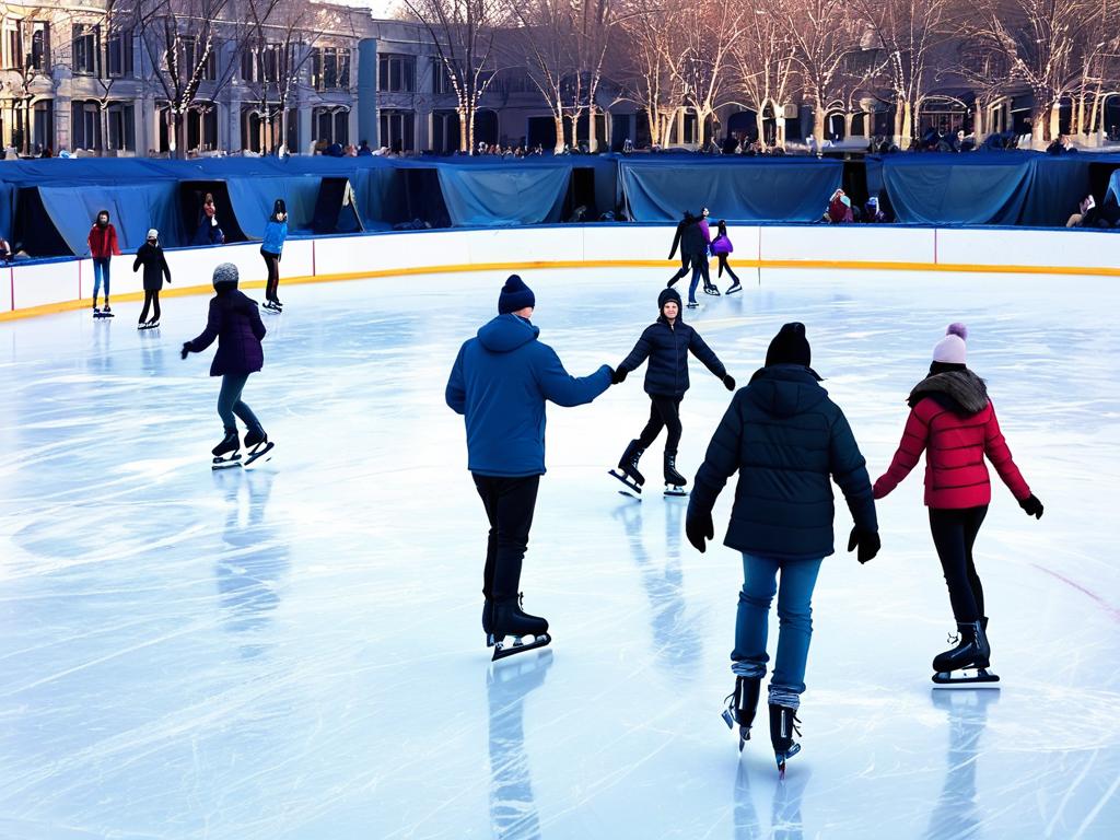 Люди катаются на коньках по ледовым дорожкам на открытом катке