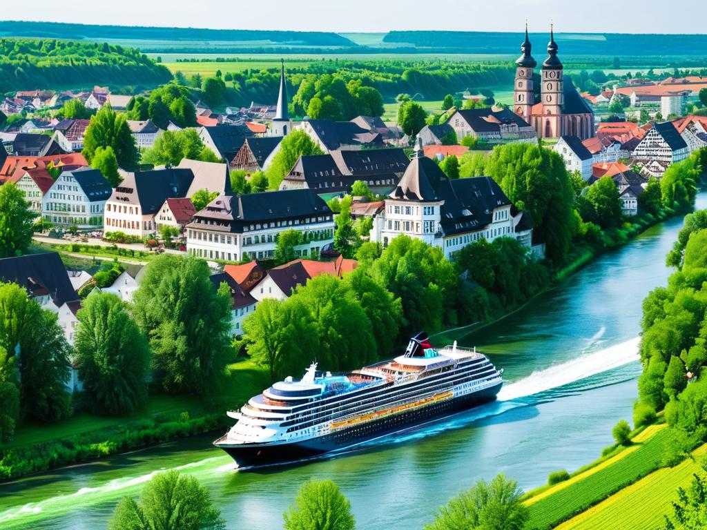 Речные круизные суда плывут по реке в Германии мимо старых домов и зеленых берегов