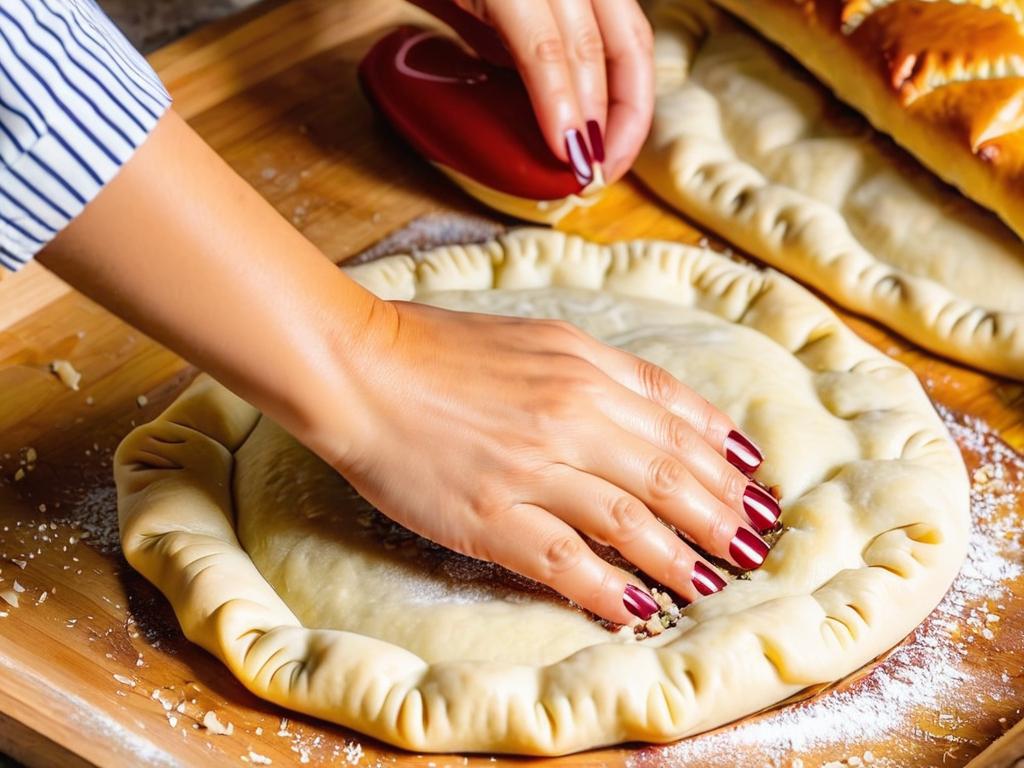 Руки защипывают и формуют тесто осетинского пирога с мясной начинкой перед запеканием