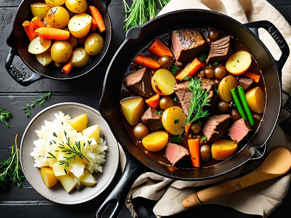 Фото вкусного тушеного блюда из баранины с картофелем морковью и луком в чугунном казане