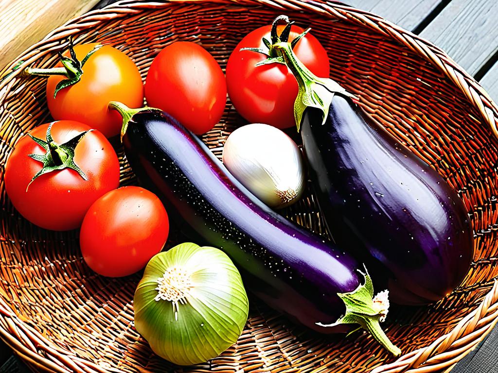 Разные сорта баклажанов, помидоров и чеснока для выбора рецепта салата