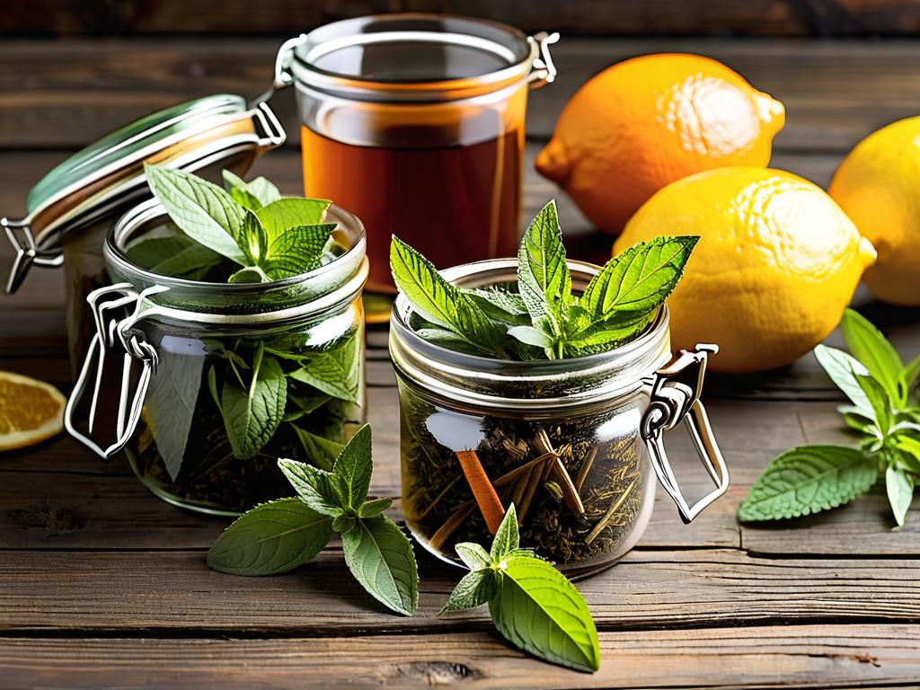 Крупным планом свежая мята, листья лимонной вербены, сушеные ломтики апельсина и чай в стеклянных