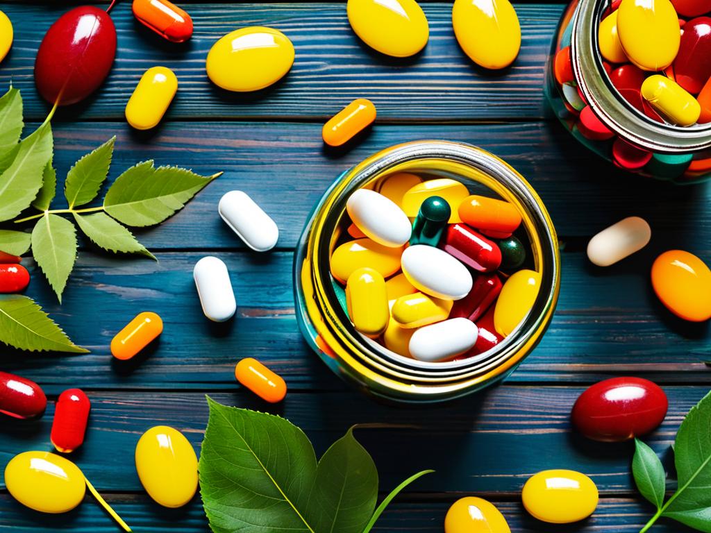 Различные витамины в капсулах и таблетках в банке с листьями на деревянном фоне