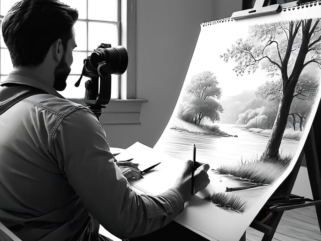 Художник делает быстрый набросок карандашом, чтобы запечатлеть пейзаж