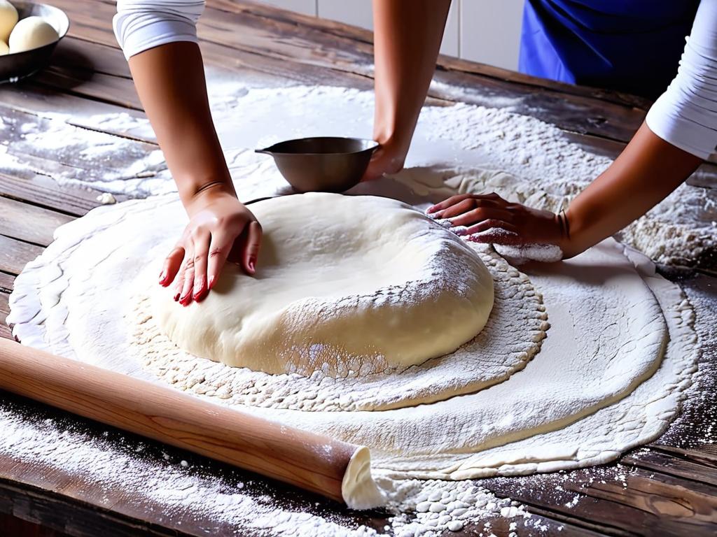 Женщина-пекарь готовит тесто для пирожков на деревянном столе, посыпанном мукой