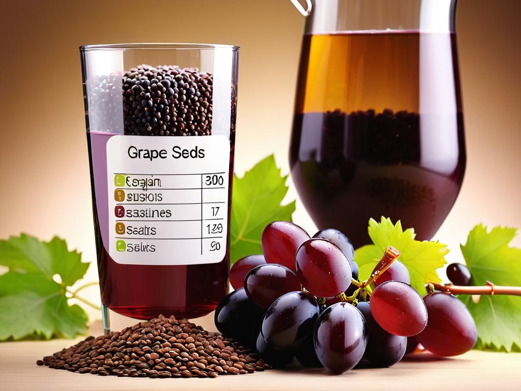 Химическая посуда с семенами винограда и формулами на заднем плане