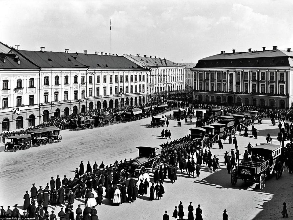 Архивное фото центральной площади Новониколаевска в 1913 году с множеством пешеходов и транспорта