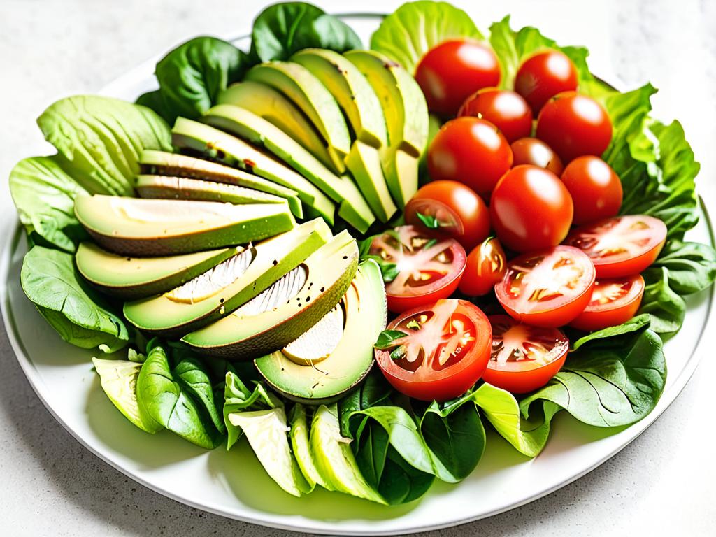 Крупный план нарезанного авокадо, помидоров, курицы и листьев салата, разложенных на белой тарелке,