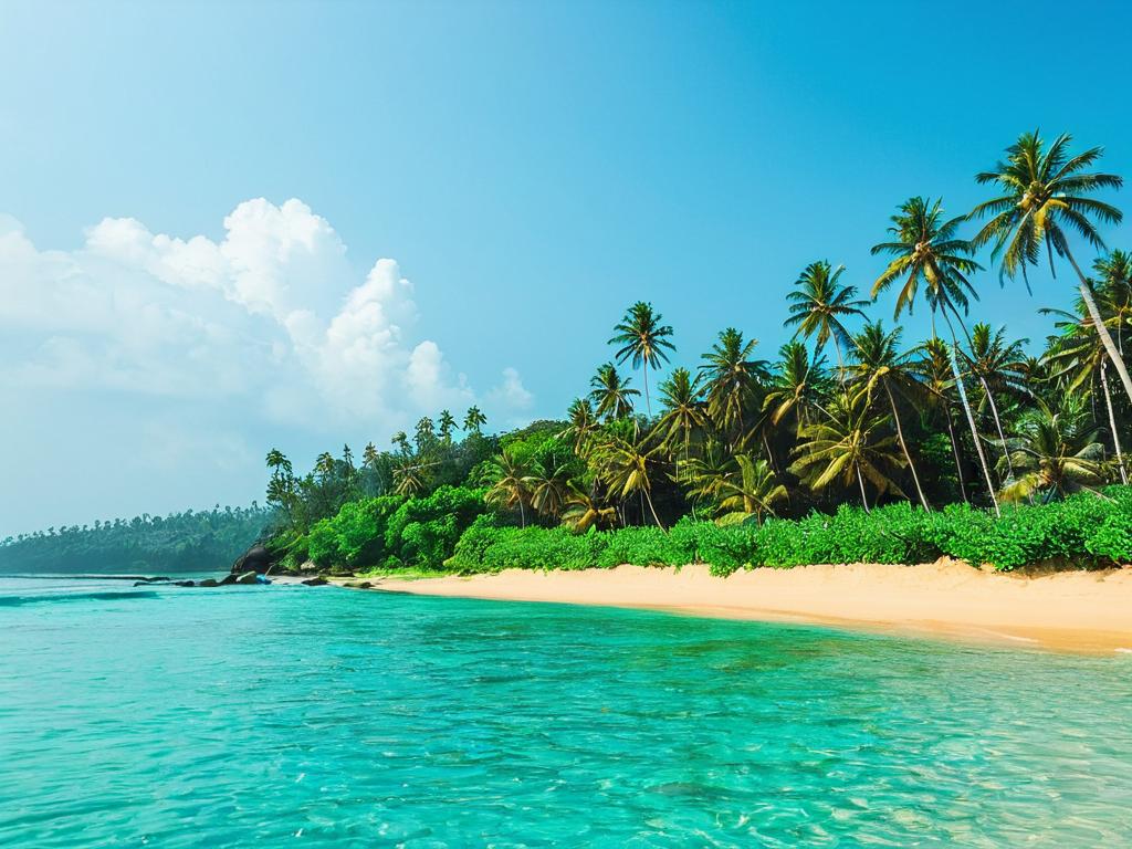 Пляж со сверкающей бирюзовой водой и пальмами на Шри-Ланке
