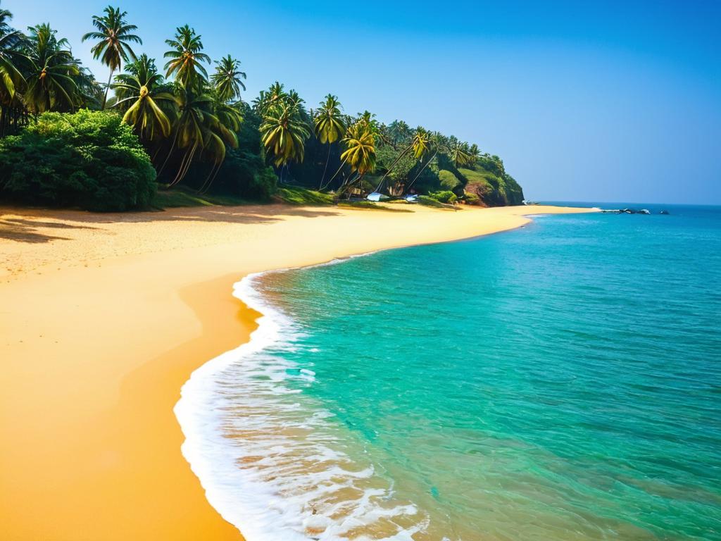 Песчаный тропический пляж с бирюзовой водой в Гоа, Индия