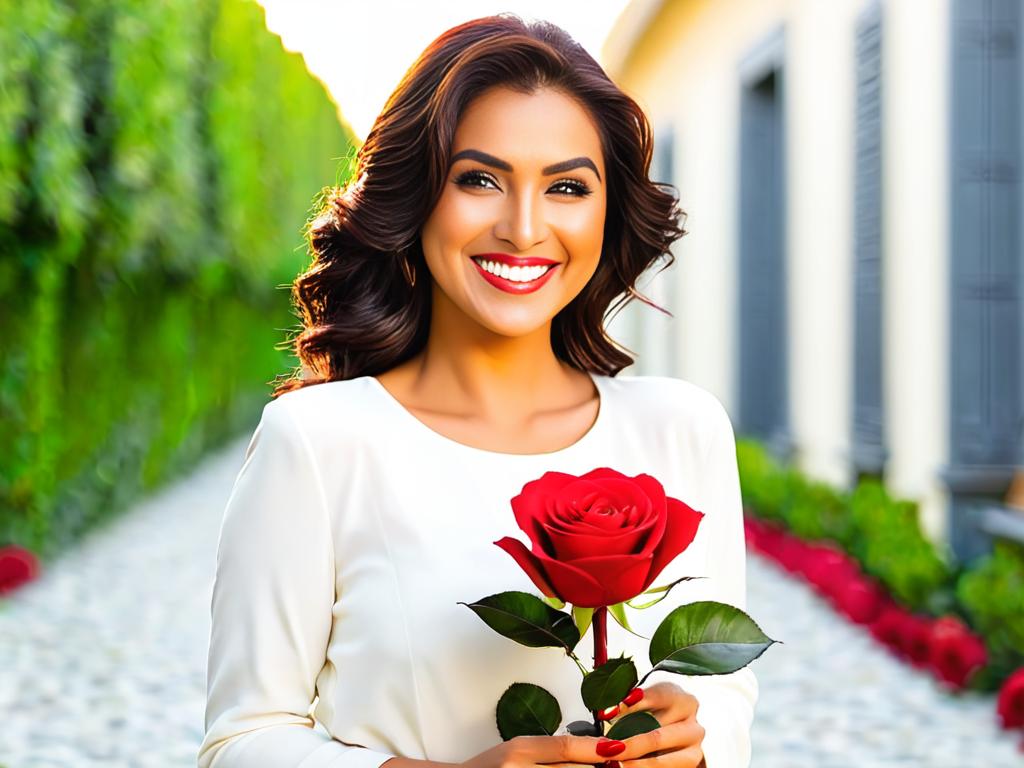 Девушка держит красную розу, счастливо улыбается в камеру на улице