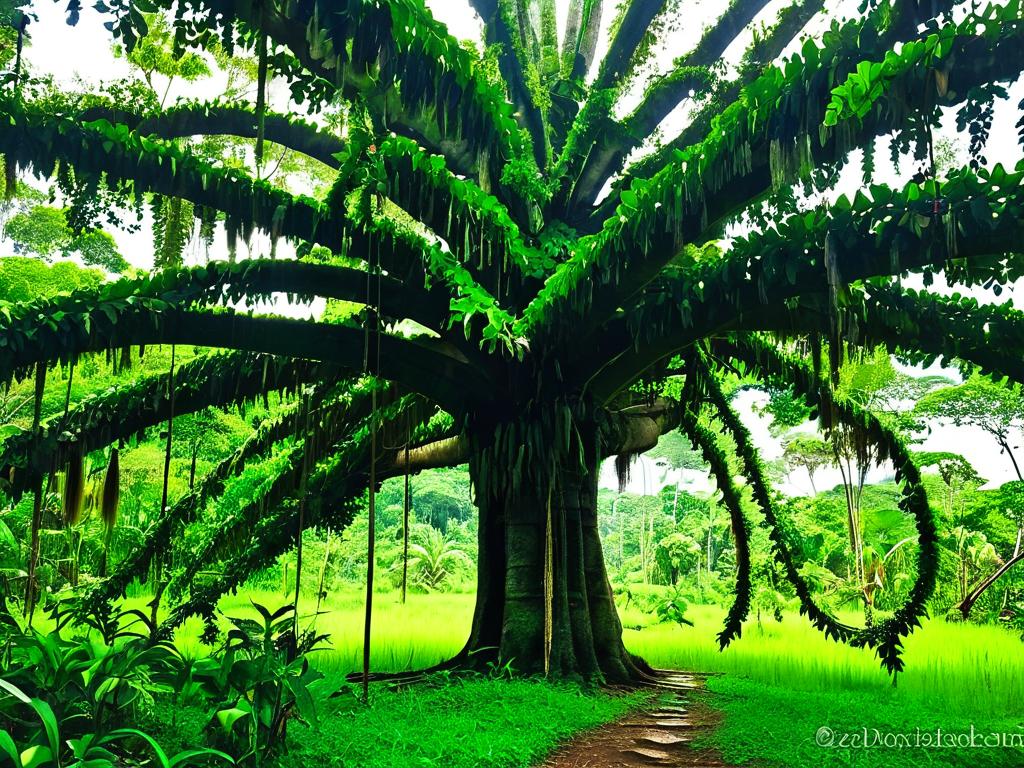 Гигантское сейбовое дерево в джунглях Амазонки с висячими лианами