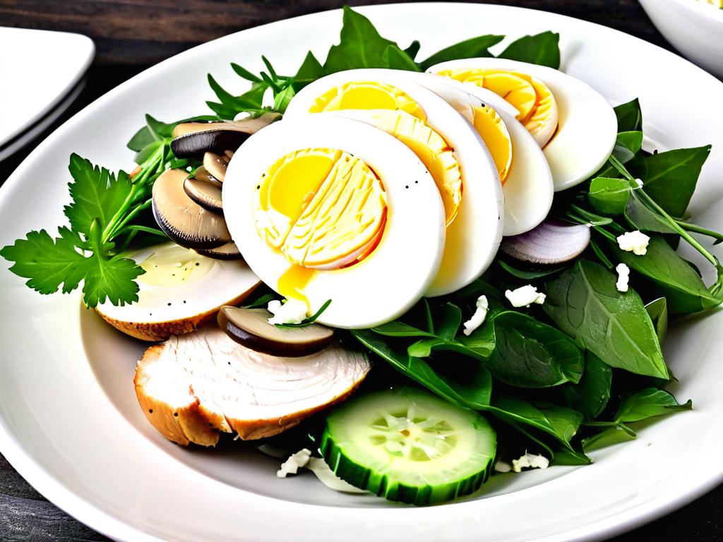 Фото готового салата из курицы с грибами красиво оформленного на тарелке и украшенного зеленью