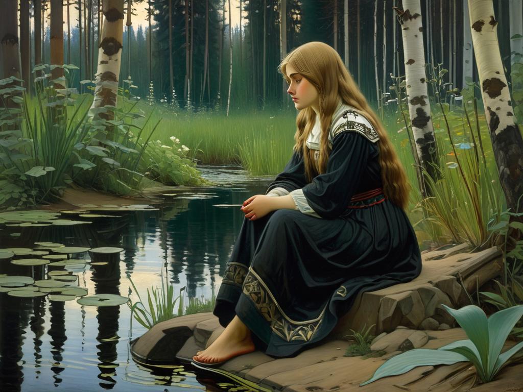 Картина Васнецова Аленушка изображает одинокую грустную девочку у пруда в лесу