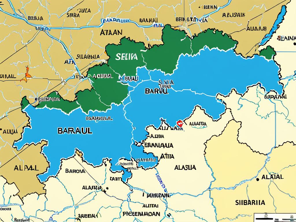 Карта Барнаула с указанием местонахождения в Сибири и Алтайском крае