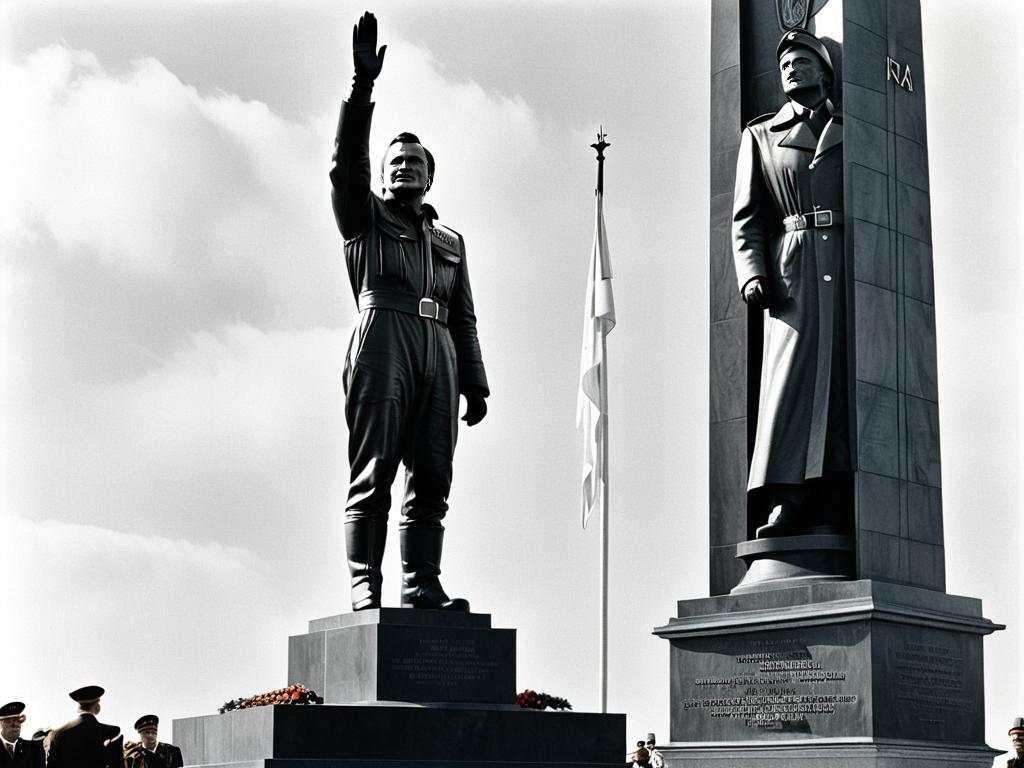 Торжественная церемония открытия памятника в 1980 году. Скульптура Гагарина на высоком постаменте с