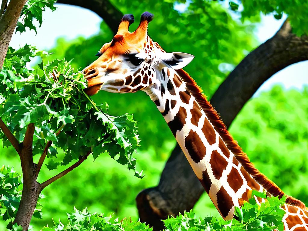 Жираф поедает листья с дерева