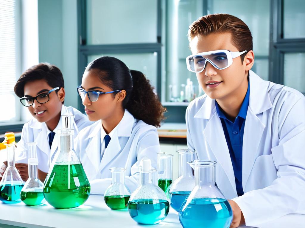 Группа студентов проводит эксперимент в лаборатории на занятии по химии
