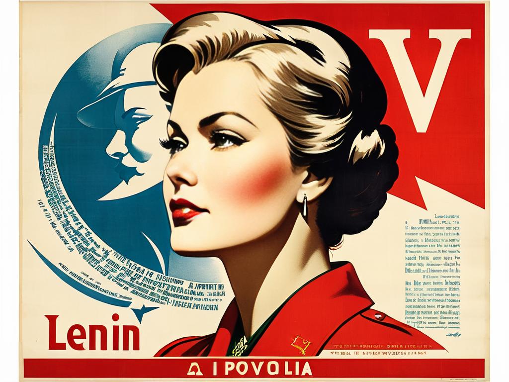 Старая советская агитационная афиша с профилем женщины и буквами В.И. Ленин внутри