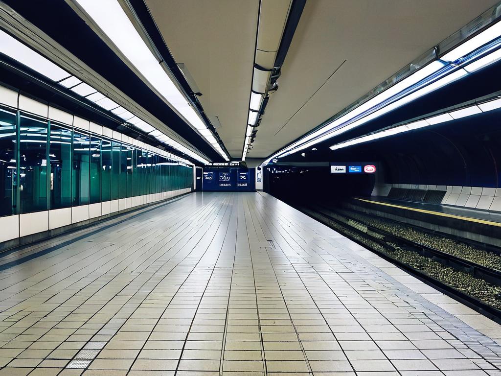 Внутренний вид пустой станции метро ночью с часами, показывающими полночь