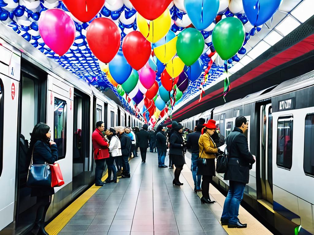 Люди ожидают поезд на украшенной шарами и лентами к празднику платформе станции метро