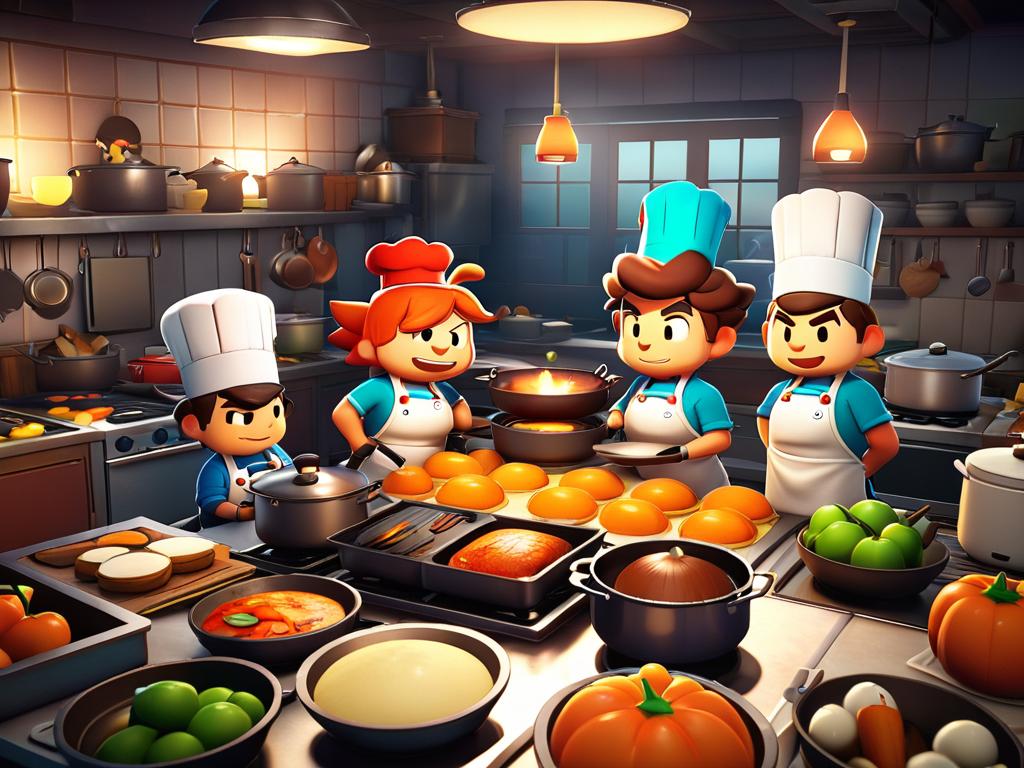 Игра Overcooked, игроки готовят блюда на кухне